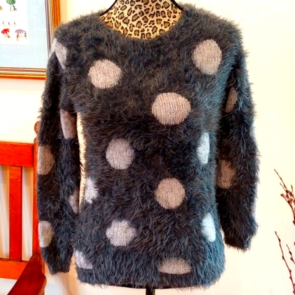 Joseph A. Ladies Eyelash Knit Polka Dot Sweater Size:XS Color:Gray NWOT